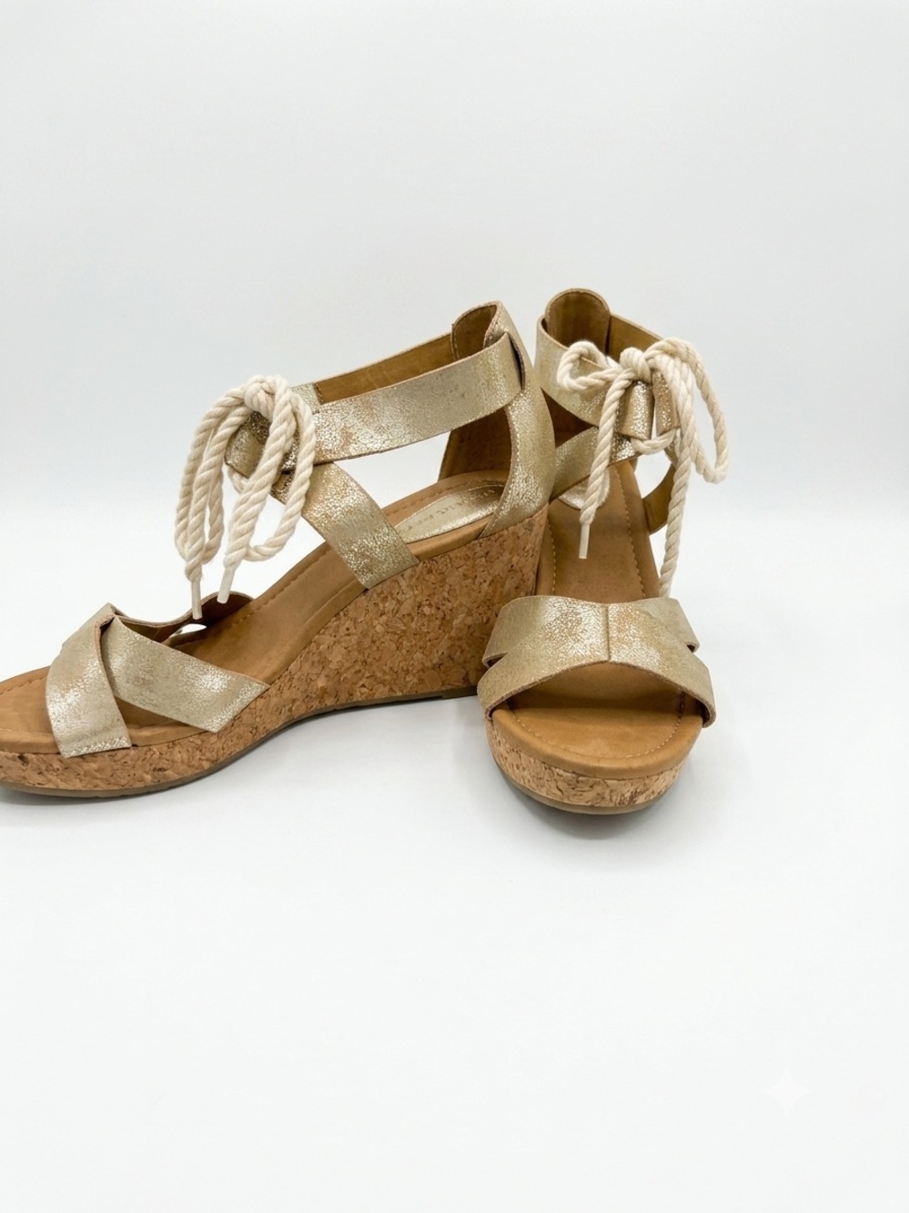 Sperry Metallic Gold Cork Wedge Sandals with Rope Ankle Tie